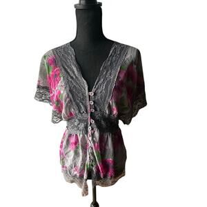 Passport Sheer Gray & Pink Floral Lace Trim Top